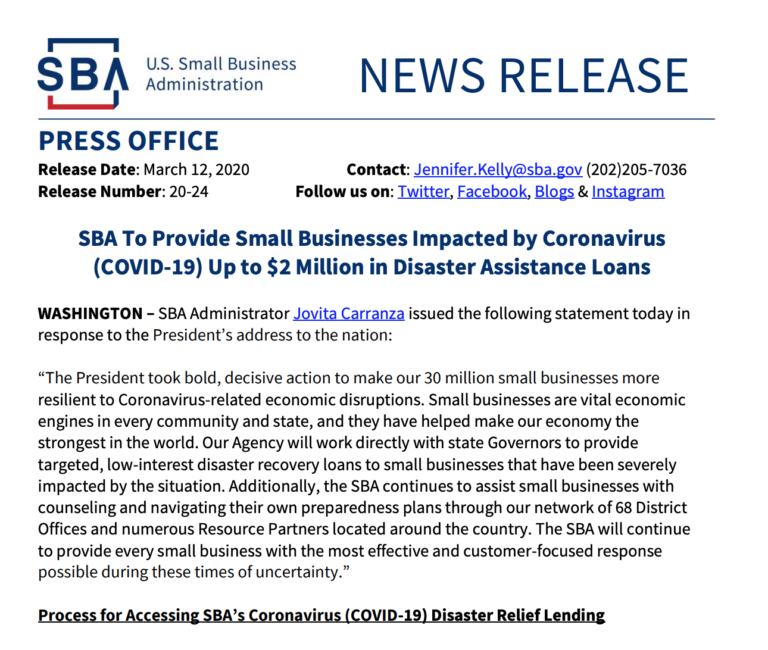 Read more about the article SBA Release for Small Businesses Impacted by Coronavirus (COVID-19)